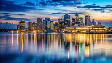 Fototapeta premium Captivating Long Exposure of the Dominion Building Against the North Vancouver City Skyline at Dusk, Showcasing Vibrant Lights and Reflections on Water for a Stunning Urban Nightscape