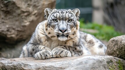 Fototapeta premium Majestic Snow Leopard Relaxing on Rocks