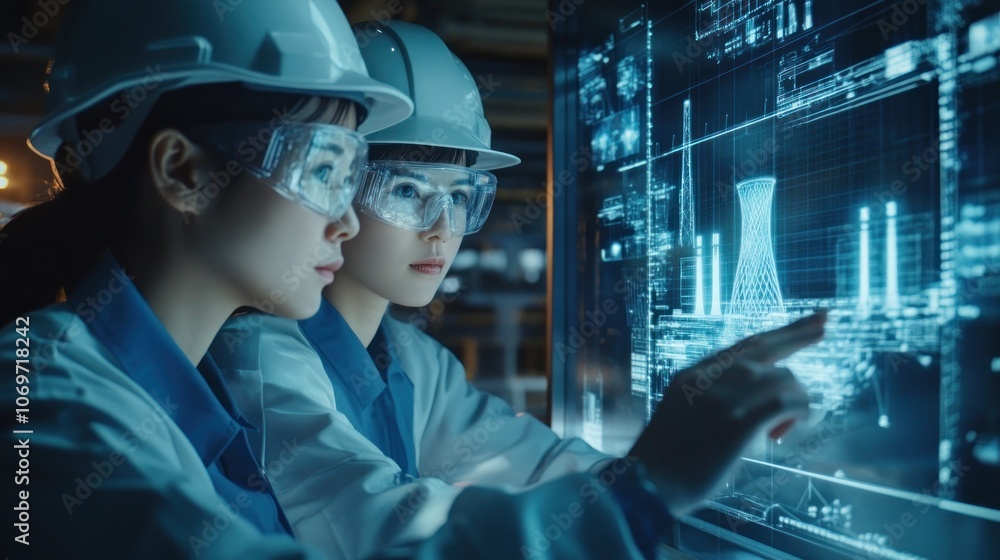Poster two engineers in hard hats analyze digital data on a futuristic display.