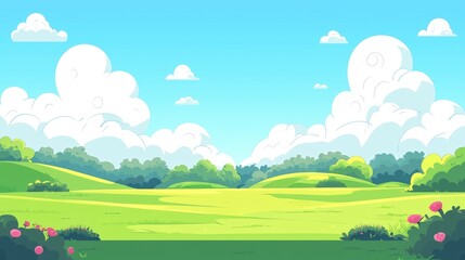 Fototapeta premium Cartoon Landscape with Rolling Hills, Green Grass, and White Clouds
