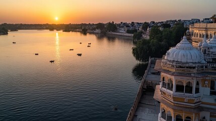 Obraz premium A tranquil sunset view of the Rani Durgavati Palace, showcasing its historical architecture and serene surroundings that invite reflection and admiration