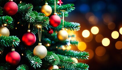 Obraz premium Festive christmas tree decorated with colorful baubles and glowing lights