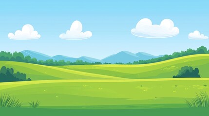 Obraz premium Cartoon Landscape with Green Hills, Blue Mountains, and White Clouds