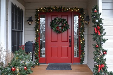 Red door with a mailbox, decorated for Christmas with garland and lights on the front porch.