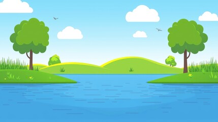 Obraz premium Cartoon Landscape with Green Hills, Blue River, and Trees