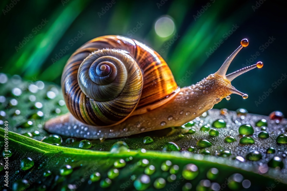 Poster captivating low light photography of a snail gliding over a lush green leaf, showcasing intricate sh