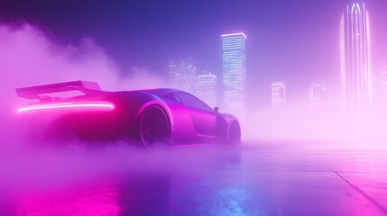 metallic purple drift car, tire smoke motion blur, industrial backdrop, neon circuit lighting, cyberpunk city skyline, blue and purple color grading, futuristic racing aesthetic