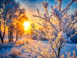 Obraz premium Captivating Macro Photography of a Hazy Winter Morning with the Sun Rising Behind Frosty Trees, Creating Magical Light Effects and a Dreamlike Atmosphere in Nature