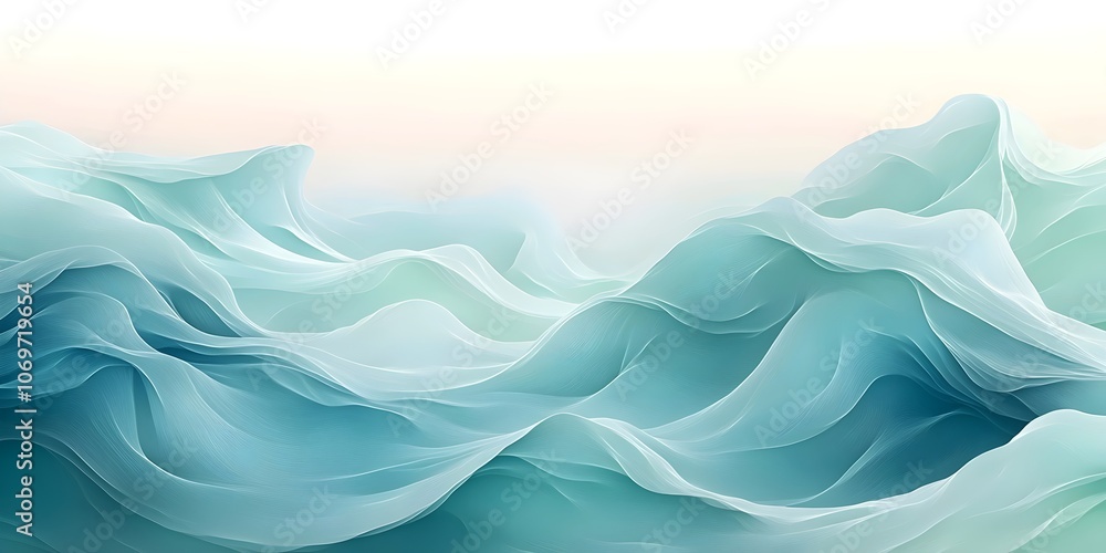 Poster an abstract representation of soft, flowing waves in varying shades of blue and teal, creating a tra