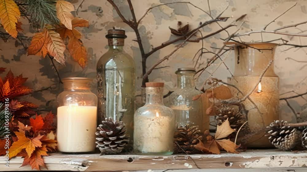 Poster several antique apothecary bottles are displayed on a rustic shelf with burning candles and natural 