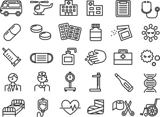病院・薬など医療関係アイコンのイラストセット(線画)