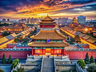 Fototapeta premium Captivating Macro Photography of Iconic Landmarks in China: Beijing's Forbidden City, Shanghai's Skyline, Xian's Terracotta Army, Macao's Ruins, and Taiwan's Night Markets