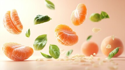 Floating Mandarin Orange Segments with Basil Leaves and Peel