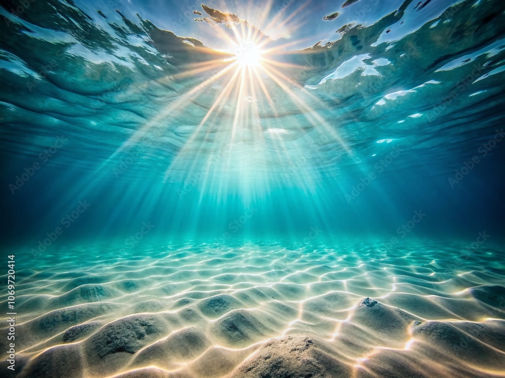 Poster captivating minimalist underwater sunlight: ethereal beams filtering through crystal clear water, cr