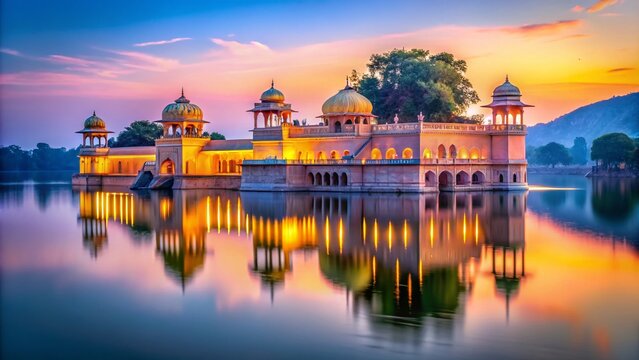 Captivating Minimalist View of Rani Padmini Mahal Surrounded by Serene Landscapes, Showcasing Architectural Beauty and Tranquility in a Unique Perspective