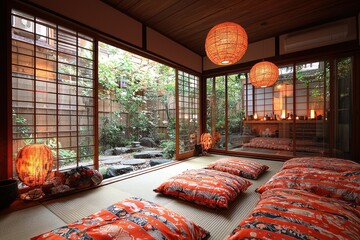 Japanese-Style Room with Cushions and Garden View