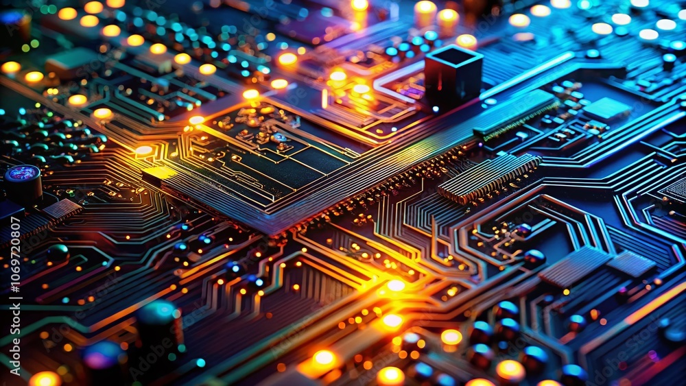 Poster captivating night photography of a circuit board background with glowing lights and intricate patter