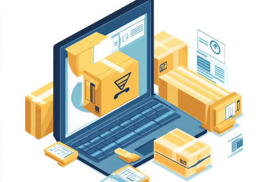 Laptop with boxes, online order, shopping cart, online purchase, ecommerce, online store, delivery, shipping, logistics, order fulfillment