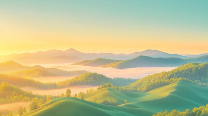 Sunlit mountain landscape with rolling green hills and mist in the distance