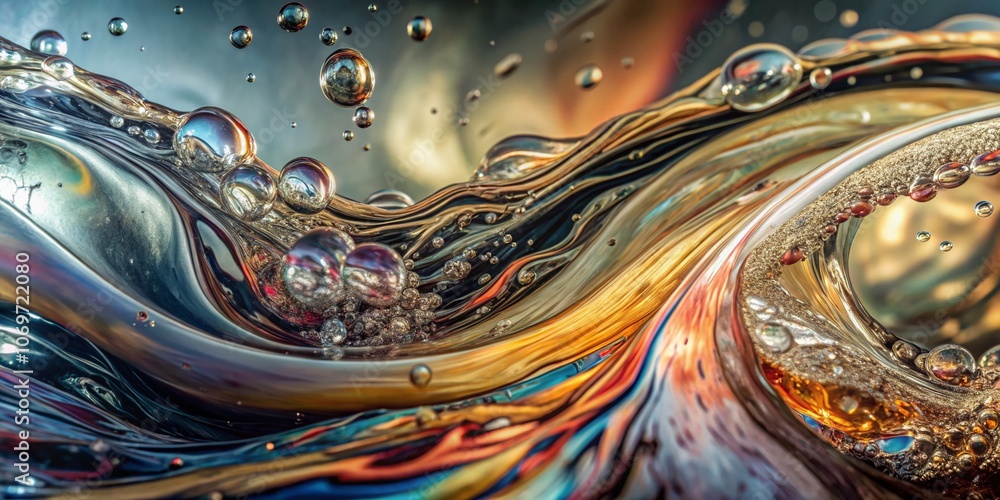 Poster captivating panoramic view of oil mixing with water, showcasing vibrant swirls and bubbles in a mesm
