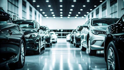 car dealership car with multiple vehicles parked under bright lights automotive showroom sales concept.AI GENERATED