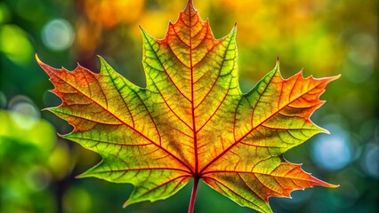 Fototapeta premium Captivating Panoramic View of the Back Side of a Maple Leaf from Acer Platanoides Showcasing Intricate Veins and Lush Green Coloration in Natural Light