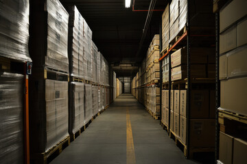 Fototapeta premium long aisle in warehouse, lined with shelves stacked high with boxes. atmosphere is quiet and orderly