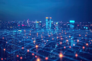 Fototapeta premium Night city skyline with network. Shows the interconnection of technology in urban areas.