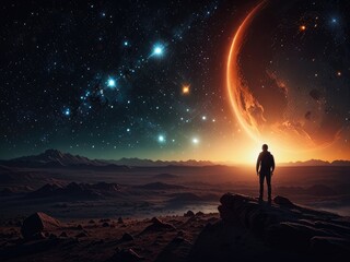 alien planet and space,telescope at night,telescope at sunset