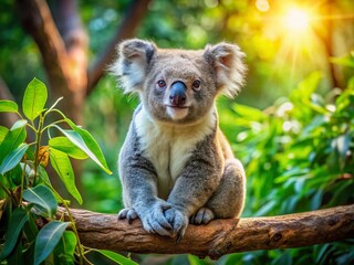 Fototapeta premium Captivating Portrait of a Koala Sitting Gracefully on a Branch Amidst Lush Greenery, Showcasing Its Unique Features and Endearing Expression in a Natural Habitat Setting