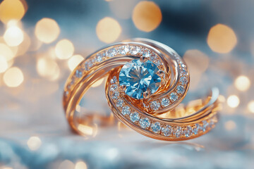 Naklejka premium Elegant rose gold ring with blue diamond sparkling light 