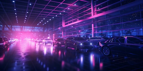Fototapeta premium car dealership car with multiple vehicles parked under bright lights automotive showroom sales concept.AI GENERATED
