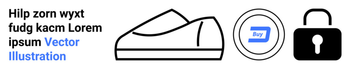 Shoe outline, buy button with text, and padlock icon. Ideal for online shopping, e-commerce, cybersecurity, retail, footwear, digital payments, user interface. Landing page