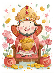 Fototapeta premium Watercolor Fortune God Illustration for Lunar New Year | Traditional Asian Prosperity Deity Art