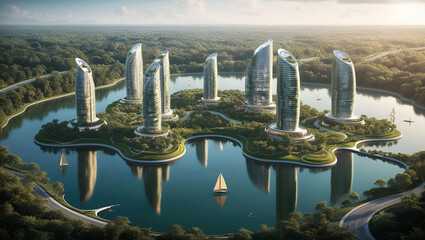 A city-shaped lake in the middle of a lush forest as a metaphor for eco-friendly urbanism and modern green living in general, Generative.ai