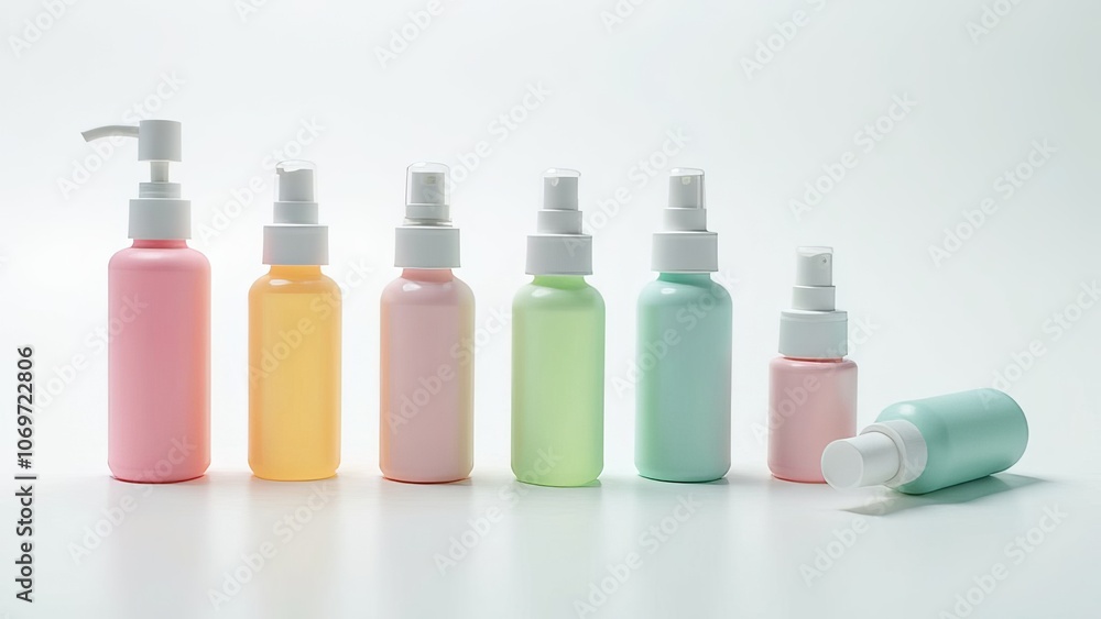 Poster A row of colorful plastic bottles with a white background