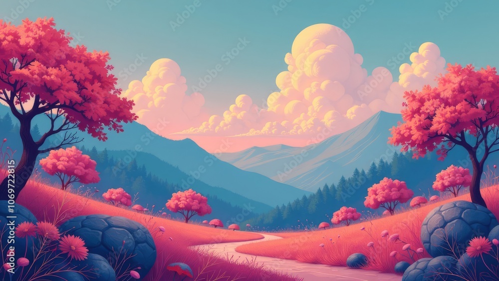 Poster a beautiful landscape with a large mountain range and a small lake