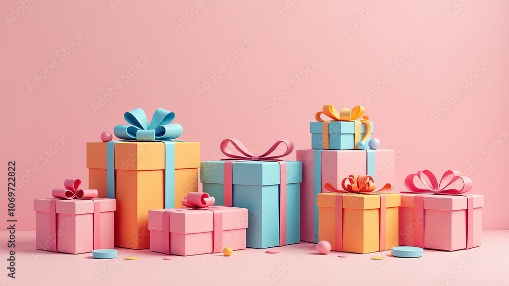 Aufkleber A row of colorful boxes with bows on top, arranged in a neat line