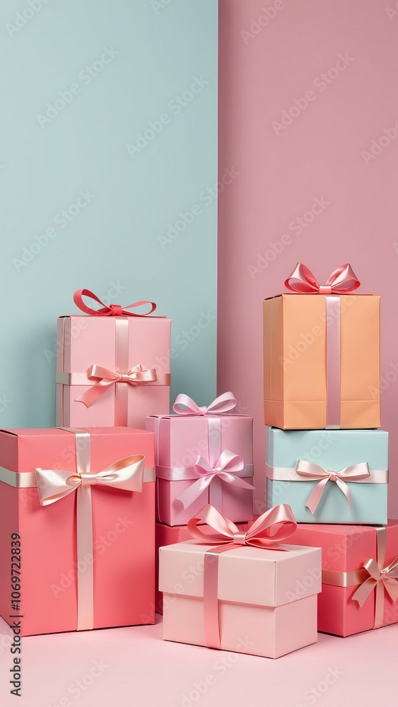Poster a stack of pink and blue boxes with bows on them