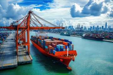 Fototapeta premium Cargo ship in port with cranes and cityscape in background