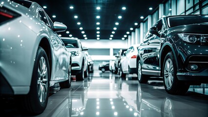 car dealership car with multiple vehicles parked under bright lights automotive showroom sales concept.AI GENERATED