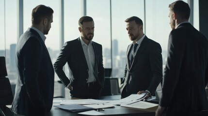 Businessmen in Suits Engaged in Tense Negotiation, Discussing Critical Deal Around Table with Documents and Serious Expressions
