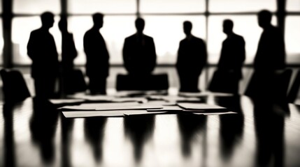 Serious Business Negotiation Around Table, Documents Spread Out, Businessmen in Suits Discussing Deal with Tense and Focused Expressions
