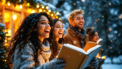 Young diverse friends caroling outdoors on a snowy winter evening, holding songbooks and singing together against warm glowing lights and falling snow.