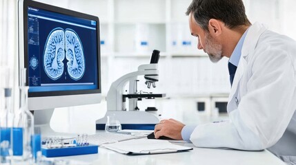 Fototapeta premium Scientist in Lab Coat Examining Brain Scan on Computer, Surrounded by Research Papers and Microscope, Focused on Autism Research and Medical Advancements