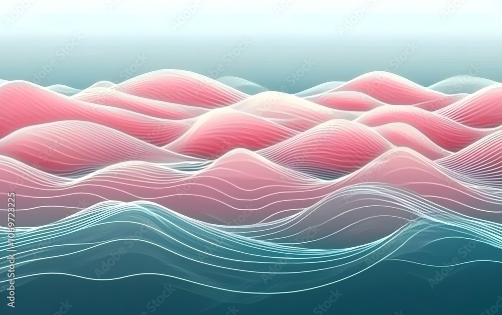 Poster abstract digital waves in soft pink and blue hues, creating a serene and modern atmosphere. the flow