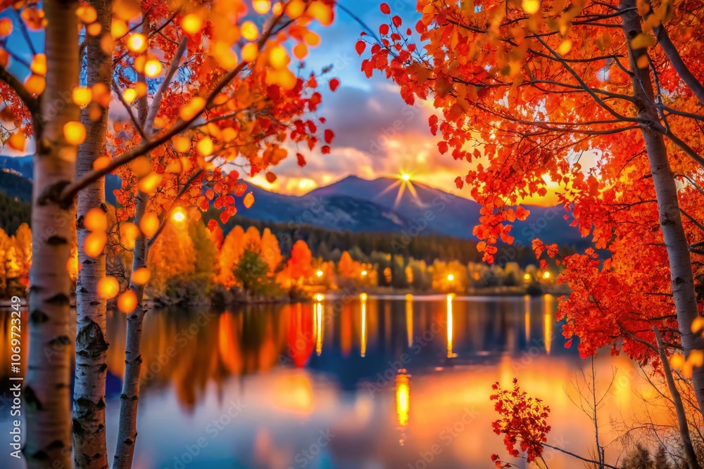 Poster captivating red aspen trees at twilight over twin lakes with bokeh effect, enchanting reflections, a