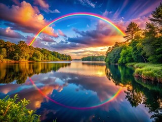 Captivating Rainbow Arching Over a Serene Lake at Sunset, Reflecting Vibrant Colors on Calm Waters with Lush Surroundings and Tranquil Atmosphere for Nature Lovers