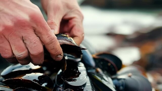 Fisherman in gear opens mussels on a beach, with the ocean in the background. The scene shows seafood harvesting, tradition, and sustainability. Background offers copy space