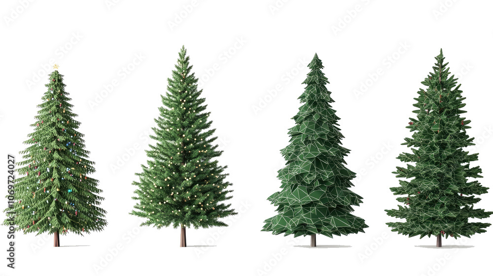 Poster low poly christmas trees collection isolated on transparent background generative ai